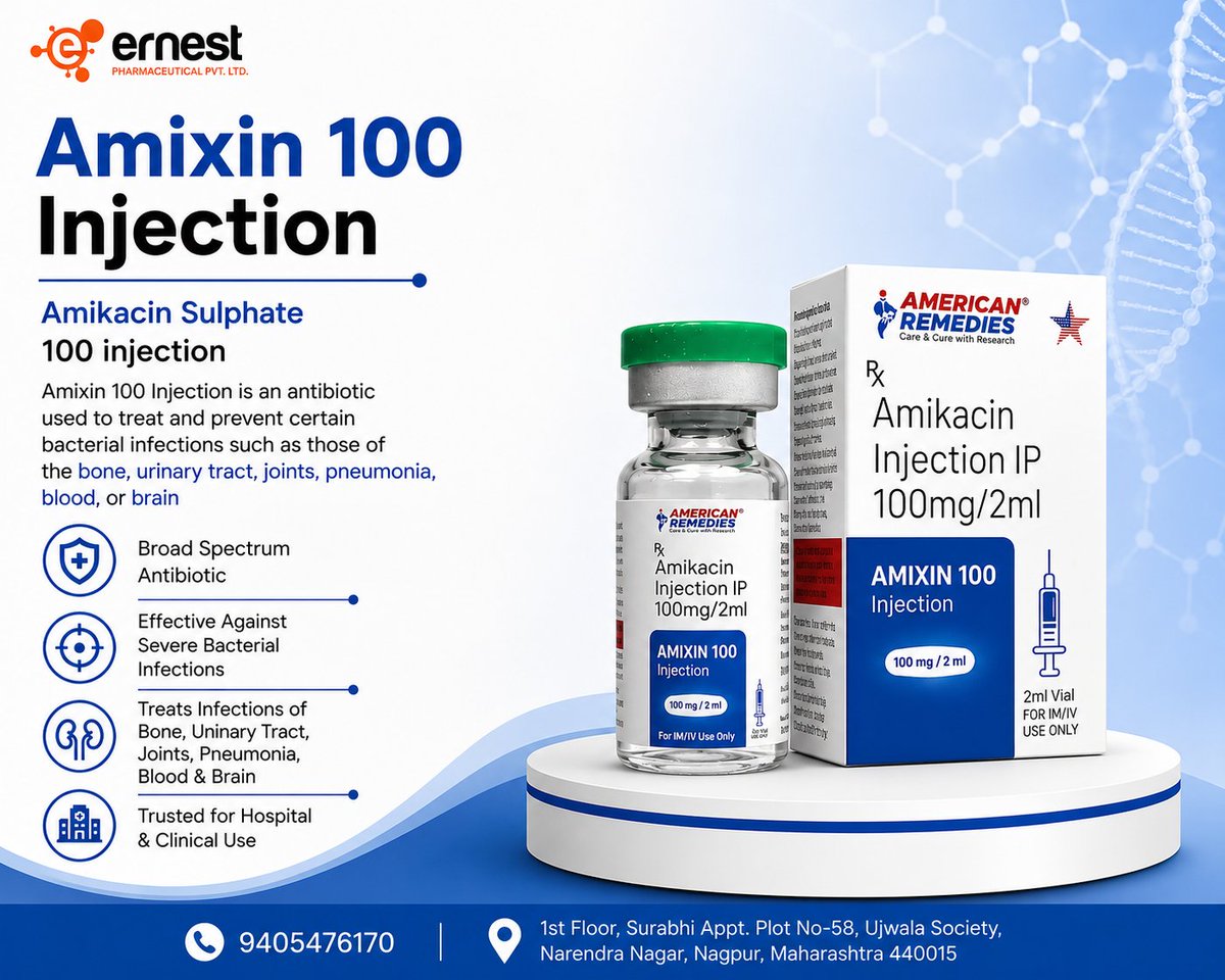 ErnestPharma's tweet photo. 💉 Amixin 100 Injection | Amikacin 100mg/2ml
An antibiotic used for certain serious bacterial infections under medical supervision.

🏥 Hospital &amp; Clinical Use
📦 Pharmaceutical Supply
🌐 https://t.co/LfcTuRJwOF
📱 WhatsApp: +91 93599 02383
#Amikacin #Antibiotic #PharmaSupplier https://t.co/3xWGs7u0LX