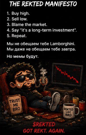 REKTEDMEME's tweet photo. THE REKTED MANIFESTO

Buy high.
Sell low.
Blame the market.
Say «it's a long-term investment».
Repeat.

Мы не обещаем тебе Lamborghini.

Мы даже не обещаем тебе завтра.

Но мемы будут.

$REKTED
GOT REKT. AGAIN. https://t.co/BExMk22JVs