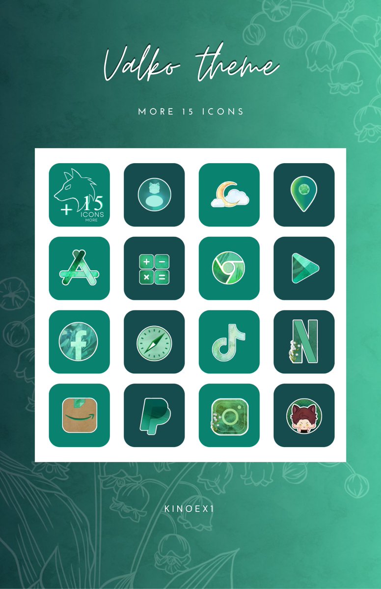 kinoex1's tweet photo. Valko theme Expansion Pack!

I've made 15 more icons for the Valko theme!! Some people wanted me to make more icons. Enjoy! 🐺💚

Download ���

https://t.co/DQTsvu3y5s

#全世界都爱敖尹 #ValkoIsLoved https://t.co/UMrT7Houvh