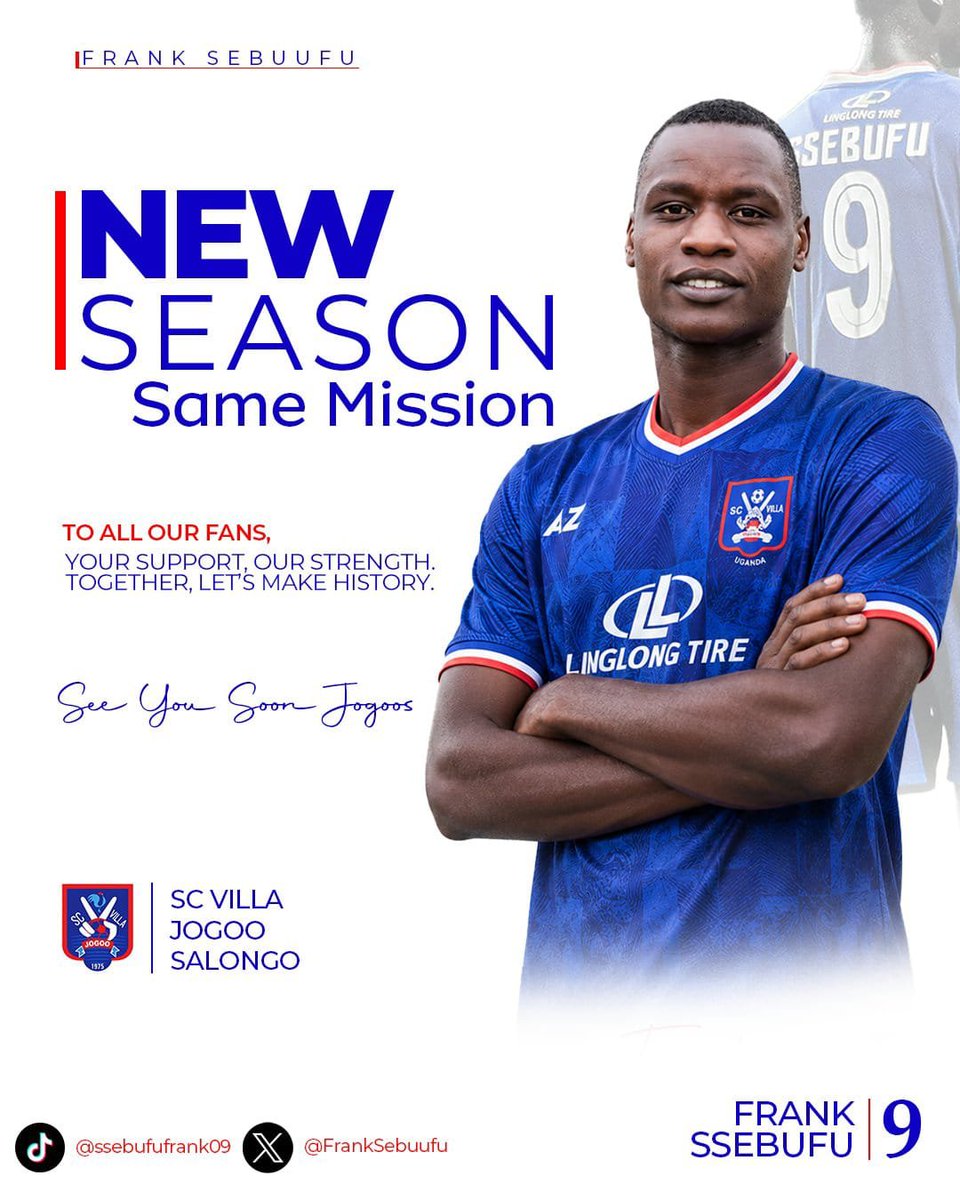 JOGOOTV's tweet photo. *Frank Sebuufu ✍️:* New season is around the corner, ready to fight for the badge.
To the Jogoo family, your support means everything. Let’s fill the stands and stand together behind the team.
Let’s make this season count.
Come. Support. Believe.
#SCVilla
#FrankSebuufu
#UPL https://t.co/KaAvKkfSoD