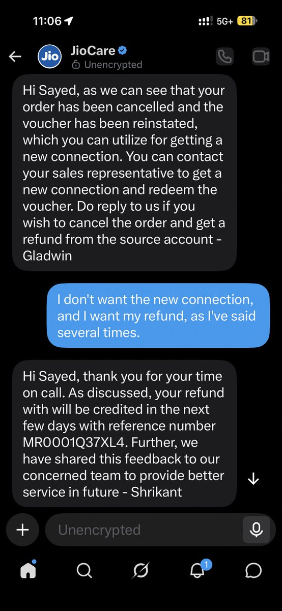 SayedMhmdAli's tweet photo. My JioAirFiber Order NO0001EK7CA0 was cancelled after installation failed, yet my refund of ₹2,221.46 remains unpaid.

Jio has already acknowledged the cancellation and even issued Refund Ref. MR0001Q37XL4. Despite repeated emails, grievance complaints, appellate escalation and follow-ups, the money has still not been returned.

How long should a customer wait for a refund when the service was never provided?

@JioCare @reliancejio @DoT_India @GoI_MeitY @jagograhakjago @NCH1915

#JioAirFiber #RefundPending #ConsumerRights #JioComplaint #ConsumerProtection #trending