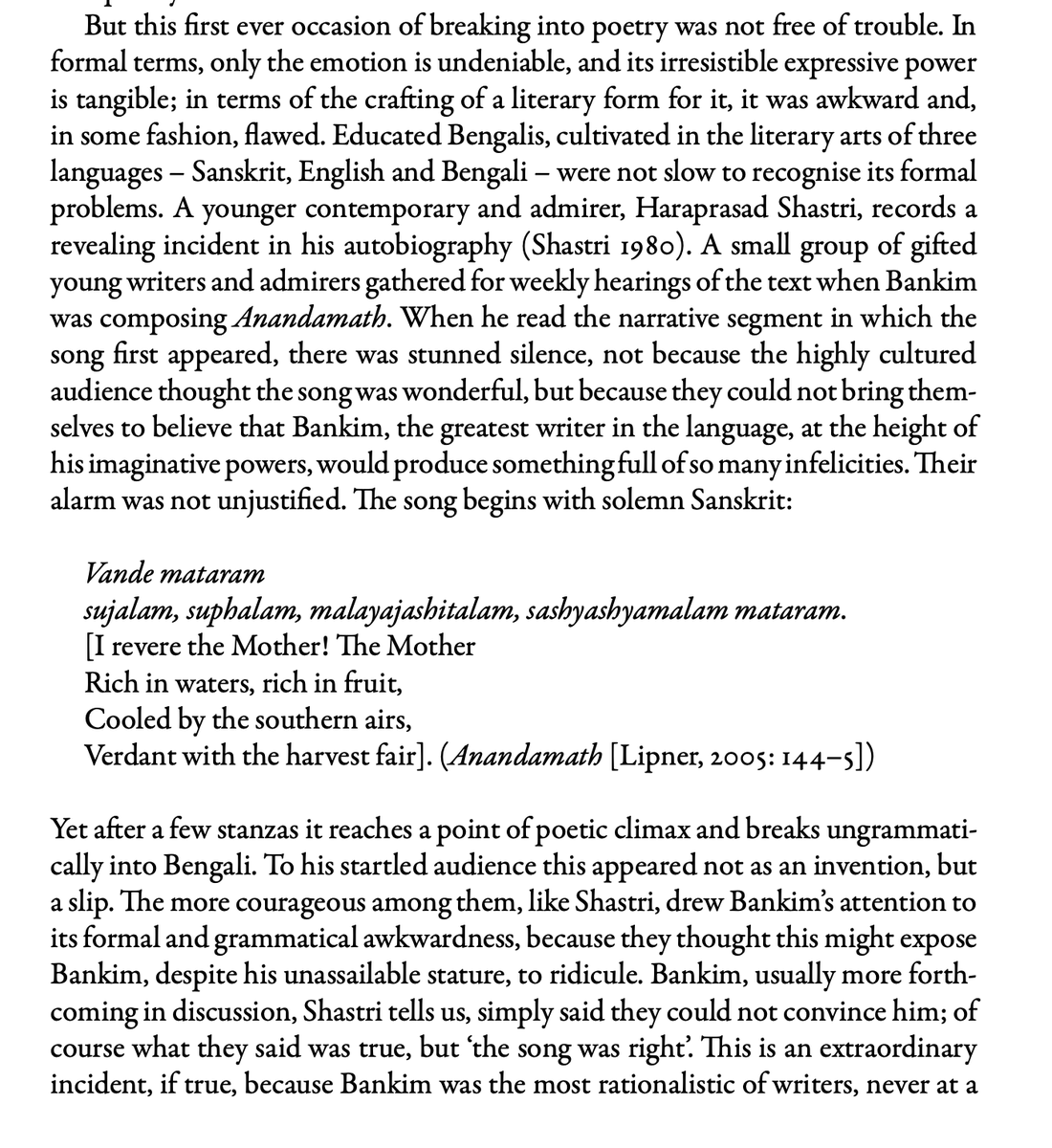 CheriChe's tweet photo. On the complete Vande Mataram, these observations about the contemporary Bengali Hindu reactions to the poem, by Sudipta Kaviraj, give much to chew on. "They could not bring themselves to believe that Bankim [...] would produce something full of so many infelicities." https://t.co/8otfIvcXWE