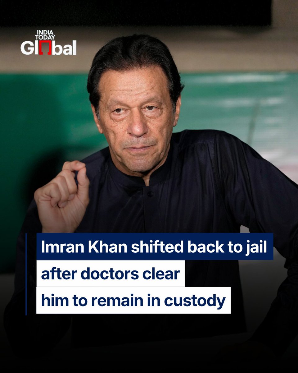 ITGGlobal's tweet photo. Jailed former Pakistan Prime Minister Imran Khan has been shifted back to Adiala Jail after undergoing a medical check-up at Shifa International Hospital in Islamabad.

The 73-year-old PTI founder was taken to the hospital following a Supreme Court order directing specialised medical care. A team of six specialist doctors examined Khan and determined that he could safely remain in prison.

Khan has remained in prison since August 2023 and continues to challenge multiple convictions and cases.

Read more: https://t.co/KolULkFpqg

#ImranKhan #Pakistan #PTI #PakistanPolitics #AdialaJail #IndiaTodayGlobal