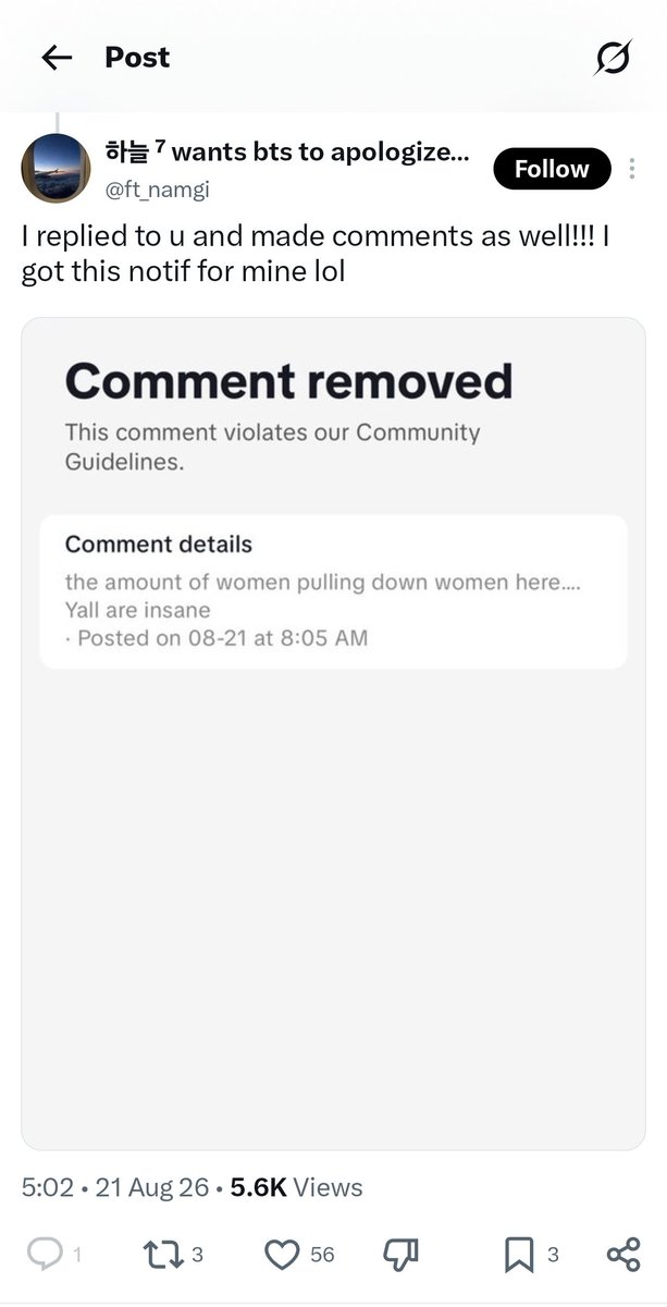 taesoothe's tweet photo. "This comment violates our community guidelines" some army reported their comment, and gladly. So she immediately came here for revenge, claiming it "disappeared" and misleading others to believe Hobi himself or his manager deleted it. No community note yet btw https://t.co/ch3Gqhl3ee