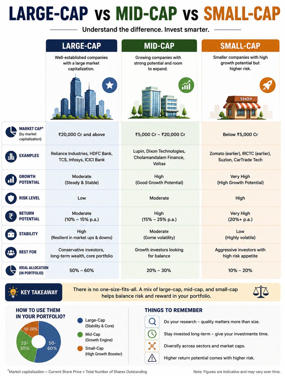 WealthNest01's tweet photo. Large-cap, mid-cap and small-cap stocks differ mainly in size, growth potential and risk.

Large-cap: Stability and established businesses.
Mid-cap: A balance of growth and stability.
Small-cap: Higher growth potential, but higher volatility and risk.

The right mix depends on your goals, time horizon and risk appetite—there’s no one-size-fits-all allocation.