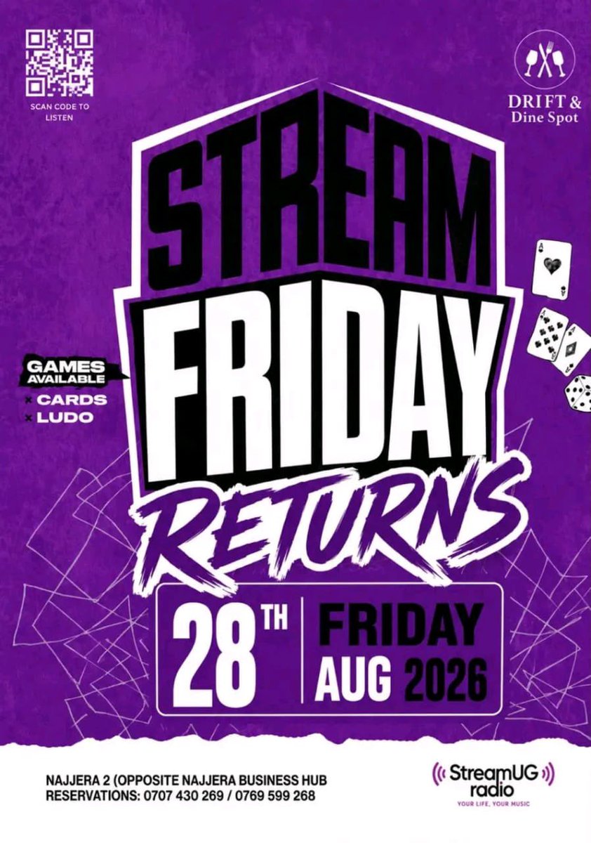 StreamUGRadio's tweet photo. ๐ฅ STREAM FRIDAY RETURNS! ๐ฒ๐
Cards, Ludo & good vibes this Friday, 28th Aug at Drift & Dine Spot, Najjera 2! ๐
#StreamFriday #StreamUGRadio #Najjera #FridayVibes https://t.co/x0hrYbelmX