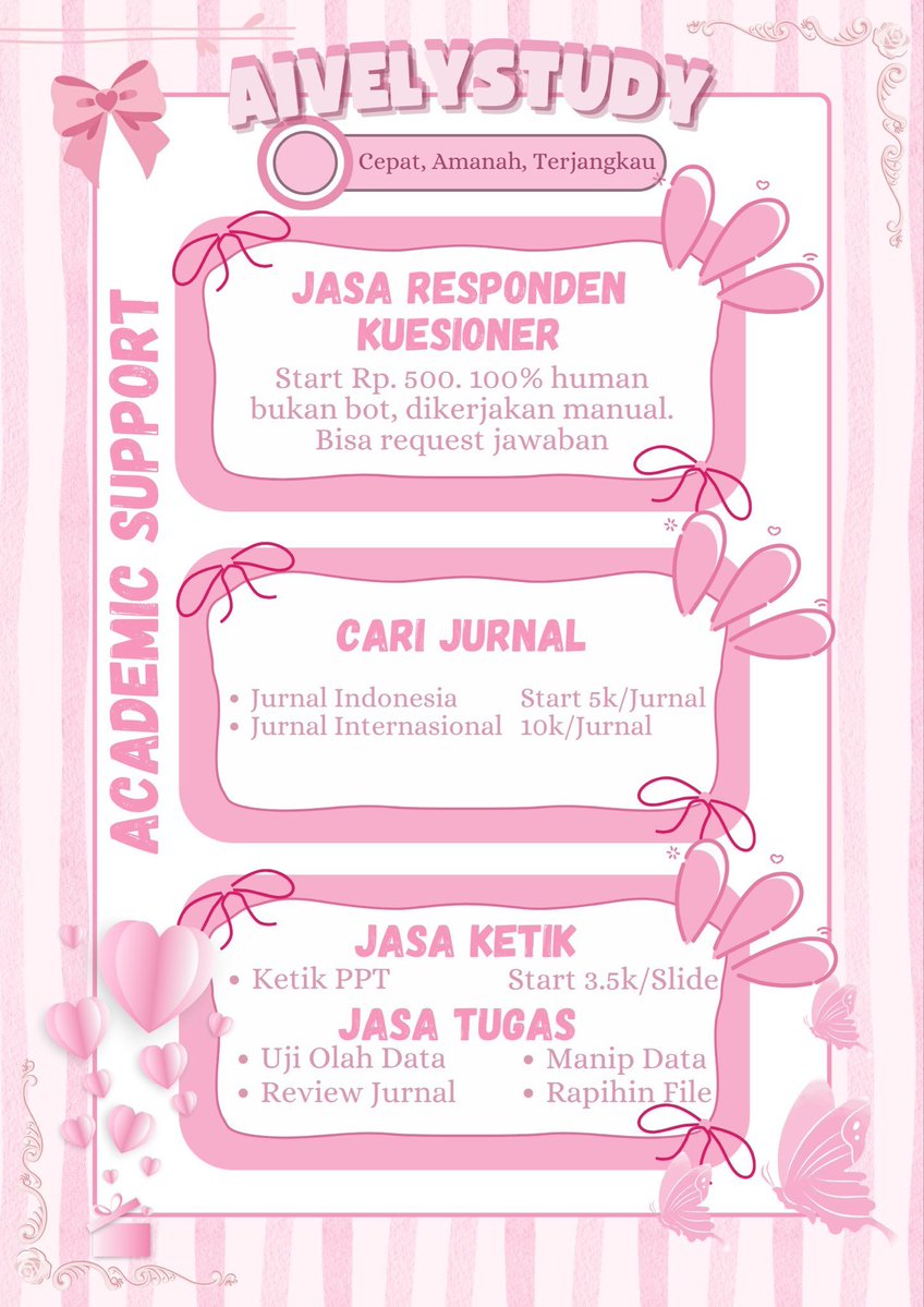 AivelyStudy's tweet photo. Hi Bestie! 🎀 Aively hadir buat bantu kamu💓. Lagi pusing sama tugas atau penelitian? 

Aively ada Jasa isi kuesioner responden, cari jurnal, review, PPT, olah data, manip data, merapihkan file

WA : https://t.co/7QMJd2s1AK
#zonauang #bealanja #jasaisikuesioner https://t.co/yJOx8vZIhp
