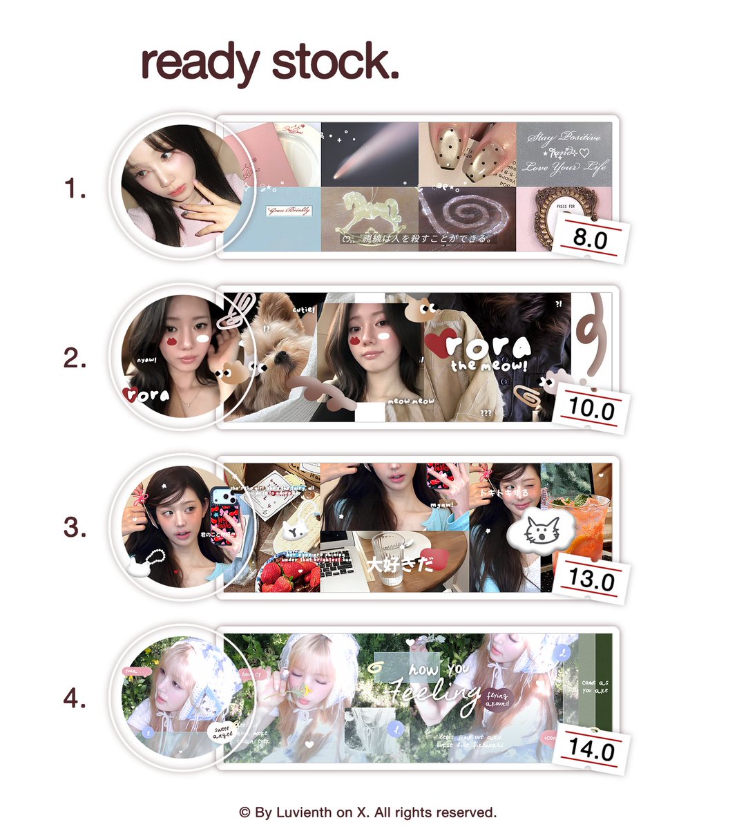 Luvienth's tweet photo. Help repost? Thank you so much. ♡

LAYOUT READY STOCK: Pharita, Rora, Wonyoung, Yuha, Asa, Winter, Juun, Sui, Rei. Price on pic, available retext on nickname. Don't forget to mention after DM!

✰ #bealanja https://t.co/yuwRKSnFU1