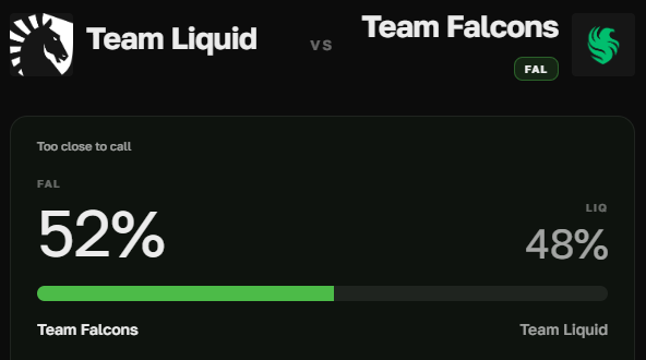_statistips's tweet photo. Team Falcons vs Team Liquid

Model has Team Falcons with a slight pull of 52%

#Dota2 #TheInternational #TI2026 #TI15 #Statistips #Dota2Predictions #Esports #DataDriven #Shanghai #TIPredictions #TeamLiquid #TeamFalcons https://t.co/DX3jXZi0Qt