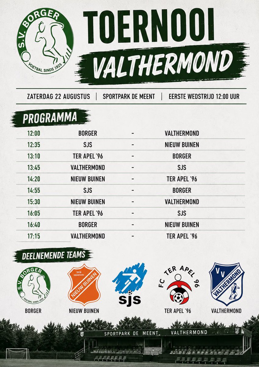 SVBorger0599's tweet photo. 🟢⚪️ P R O G R A M M A

Morgenmiddag vanaf 12.00 uur een mooi regiotoernooi bij @vvvalthermond. 

#Voorbereiding #BorgerLeeft💚 https://t.co/4RR9bvM4Gy
