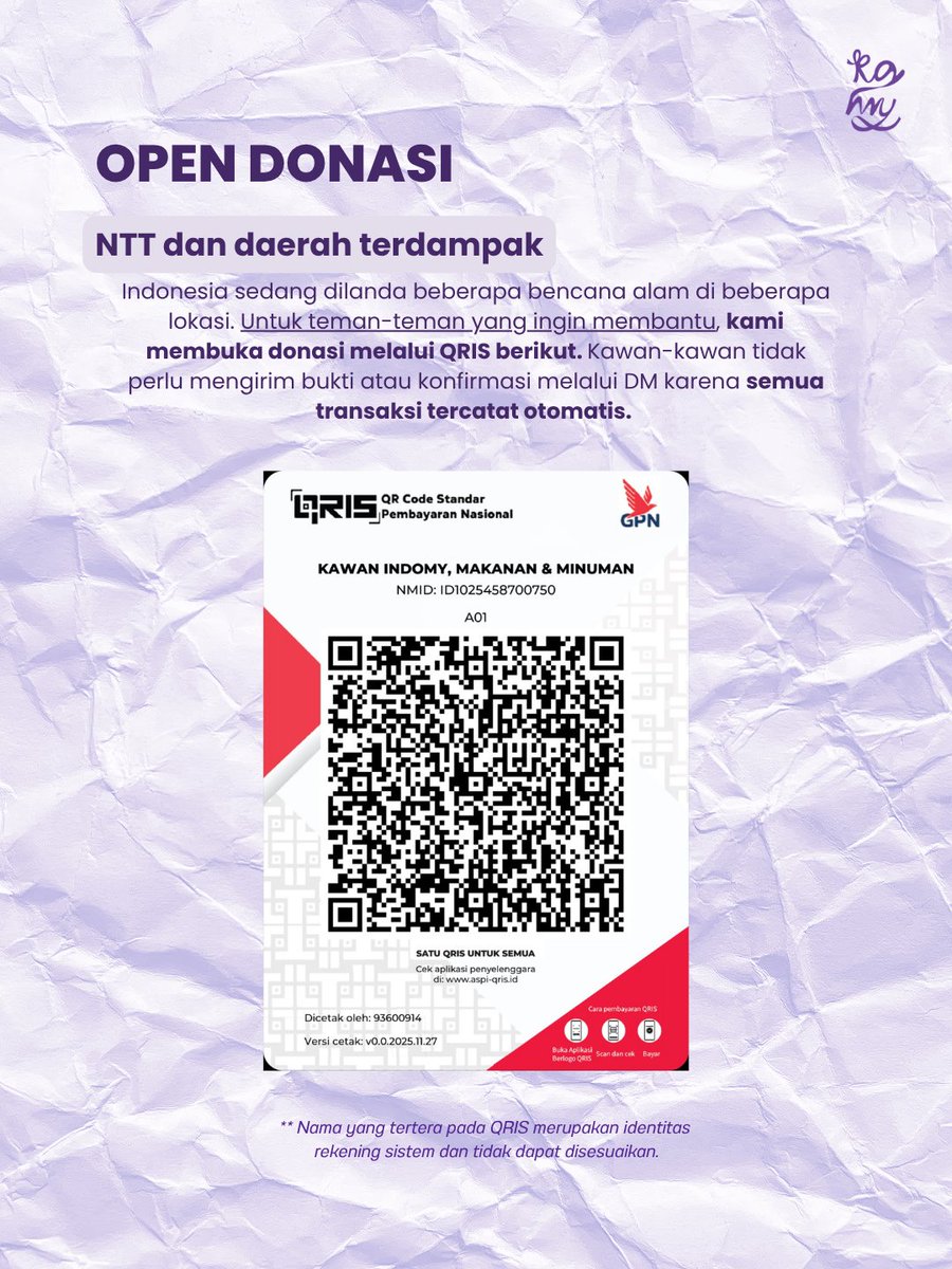 kawanIndomy's tweet photo. [OPEN DONASI NTT &amp; SEKITARNYA]
Halo kawan-kawan! Siang ini kami kembali membuka donasi untuk gemba bumi NTT dan sekitar. Bagi yg ingin berkontribusi, donasi dapat disalurkan melalui QRIS di bawah 💜 https://t.co/gn8ERsvcV8