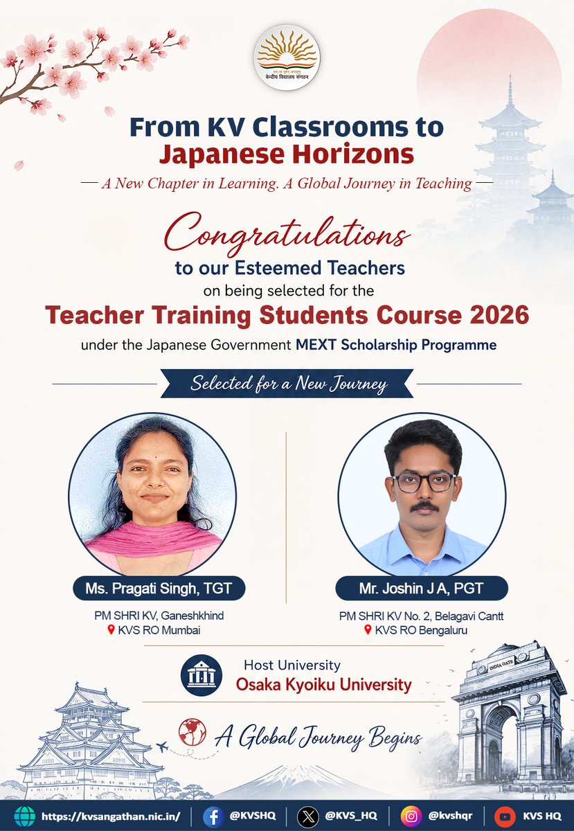 KVS_HQ's tweet photo. Heartiest congratulations to our teachers Ms. Pragati Singh, #PMSHRI KV Ganeshkhind, and Mr. Joshin J A, #PMSHRI KV No. 2 Belagavi Cantt, on their selection for the Teacher Training Students Course under the Japanese Government MEXT Scholarship Programme.

#ProudKVians #KVS https://t.co/HPNkQxAtYm