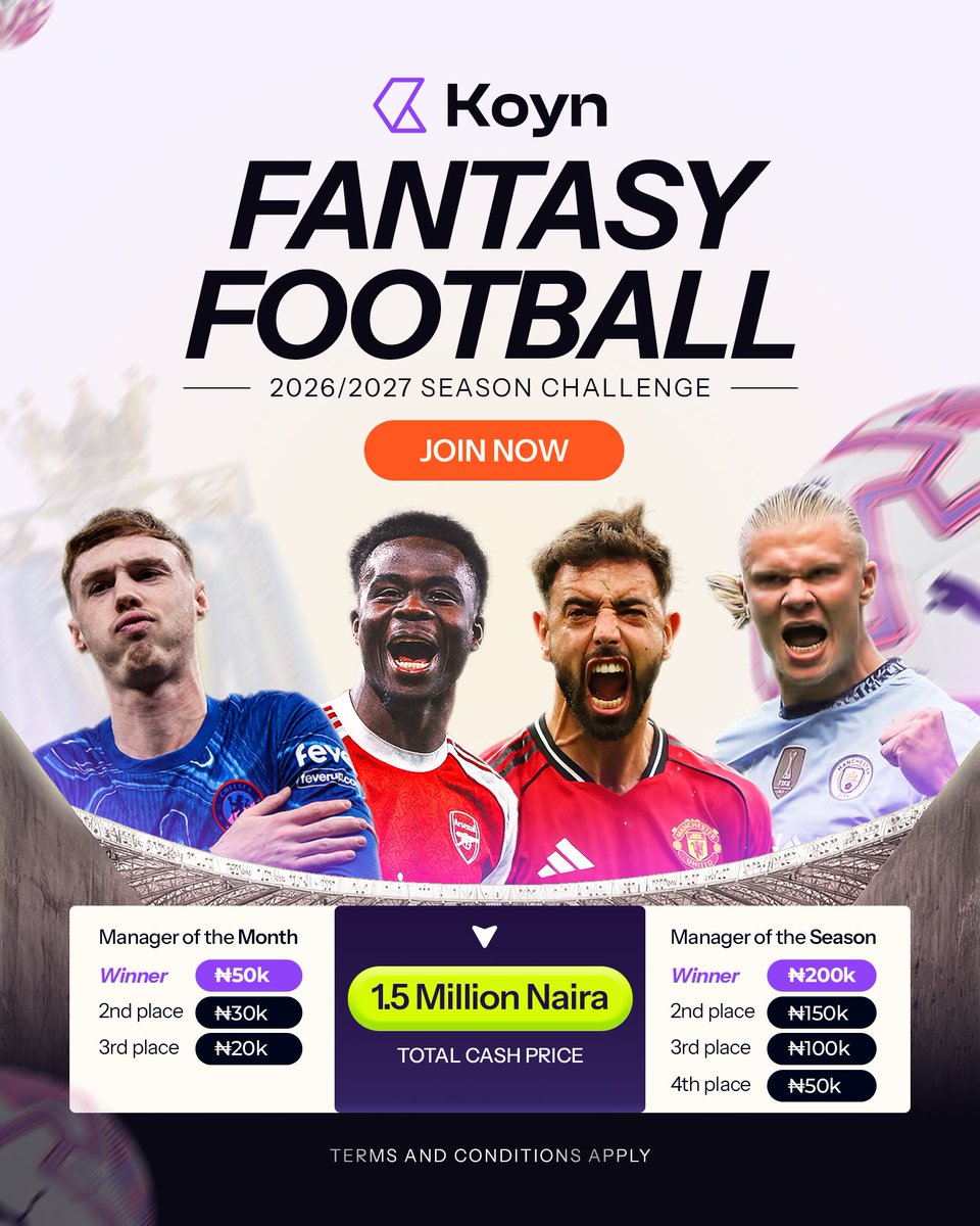 usekoyn's tweet photo. Final Call, FPL Managers!!!

You think you know Ball? ⚽.

Compete and win a share of 1.5M Naira in cash prizes in the Koyn Fantasy Football.

Think you've got what it takes to be a champion? Let your team do the talking. Register here 👇

https://t.co/MpFJZ2iQ0S https://t.co/bwQ6xKmYlL