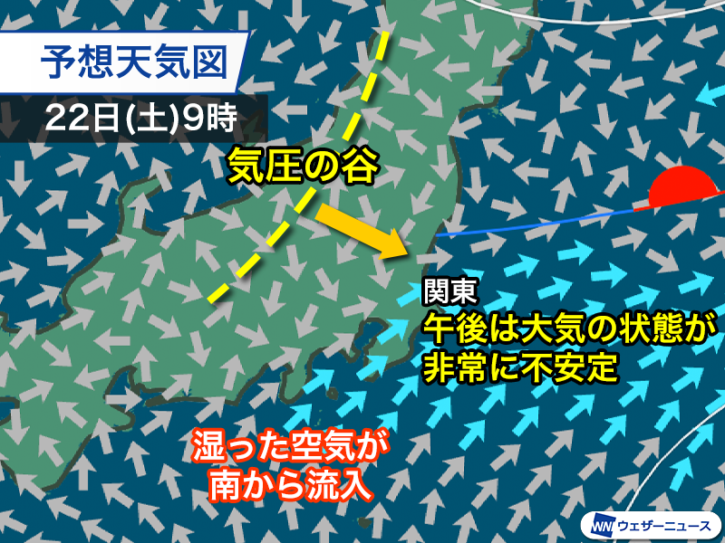 wni_jp's tweet photo. ＜千葉豪雨の被災地も雷雨警戒＞
明日22日(土)は東の海上からのびる前線の影響で、関東は大気の状態が不安定になります。
雨雲が発達しやすく、千葉豪雨の被害が大きかった地域でも非常に激しい雨のおそれがあるため警戒が必要です。
https://t.co/XBcqXu7yF9 https://t.co/1zlUWqP4uW