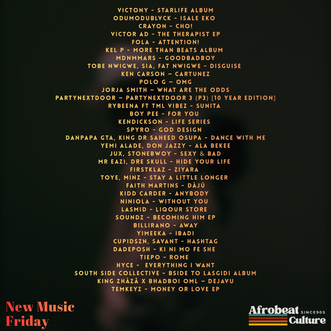 AfrobeatCul2ur's tweet photo. 🚨NEW MUSIC FRIDAY 💿 

Victony - Starlife album
Odumodublvck - Isale Eko 
Crayon - Cho!
Victor AD - The Therapist EP
FOLA - attention!
Kel P - More Than Beats album 
mdnmmars - GoodBadBoy
Tobe Nwigwe, Sia, Fat Nwigwe - Disguise 
Ken Carson — cartunez
Polo G — OMG
Jorja Smith — What Are The Odds
PARTYNEXTDOOR — PARTYNEXTDOOR 3 (P3) [10 Year Edition]
Rybeena Ft TML Vibez - Sunita 

https://t.co/MiiyPIJuSx