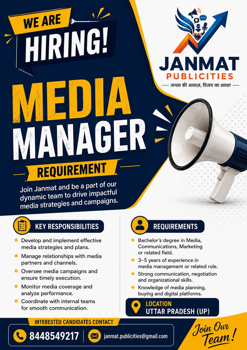Janmat2029's tweet photo. #Hiring #MediaManager https://t.co/GhGWdS8Oz3