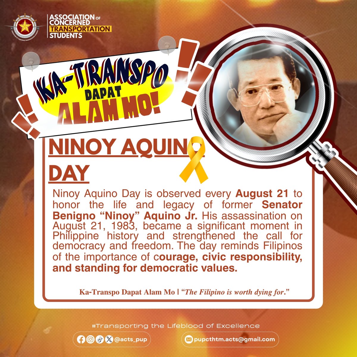 acts_pup's tweet photo. 🇵🇭 Remembering the courage and sacrifice of Ninoy Aquino. May his legacy remind us of the importance of courage, freedom, democracy, and service to the Filipino people.

#CTHTM #ACTS #BSTRM #BSTMTRTM #PUPACTS #TransportingTheLifebloodOfExcellence https://t.co/ygLhk3szmU