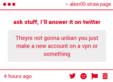 _alexr05's tweet photo. (1/?) reposting Strawpage Danbooru gimmicks from old acc incase some1 asks a question I already answered (full in alt text)

1. against rules
2. yes but I don't like them
3. was alr banned + used 24/7 + yes bc I was contributor
4. against rules + VPNs don't work https://t.co/nCeeT5zO7A