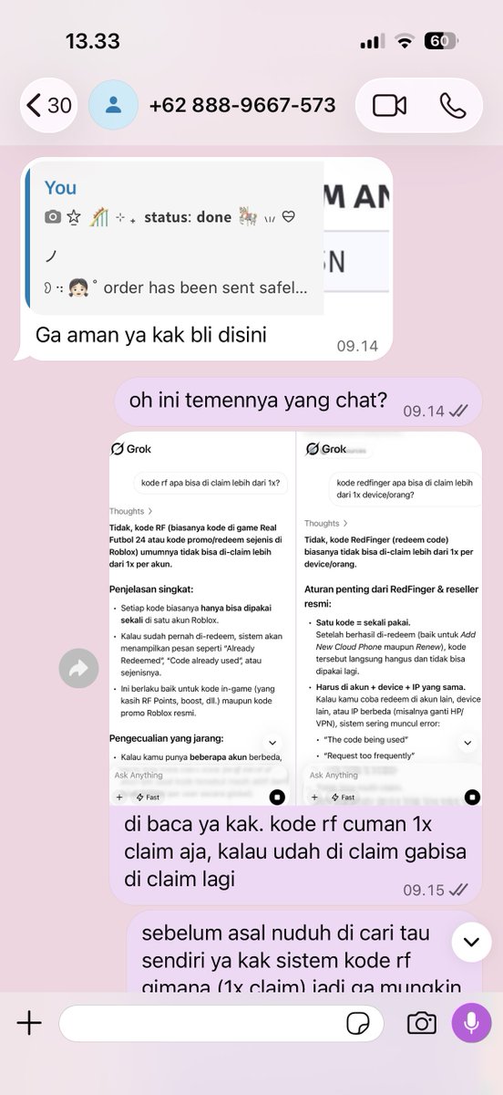 kuoroumii's tweet photo. ‼️ spill orang yang mencoba menjatohkan nama baik enola ‼️

— kronologi —

ada yang beli kode redfinger di aku tanggal 28 juli (vip 30 hari) yang di mana hari ini sudah ada 3 orang yang ngechat aku (korban & temen” nya)

dia nuduh aku kalau isi ikan & skin rod nya ilang karena abis beli kode redfinger di aku. sudah aku jelasin juga cuman tetep kekeh mereka ☺️

pada dasarnya kode redfinger hanya bisa 1x di claim (setelah di claim kode langsung invalid) dan bukan tanggung jawab aku juga perihal kehilangannya.

wa korban : +62 888‑9667‑573
wa temen (1) : +62 823‑1161‑8456
wa temen (2) : +62 857‑6512‑8124