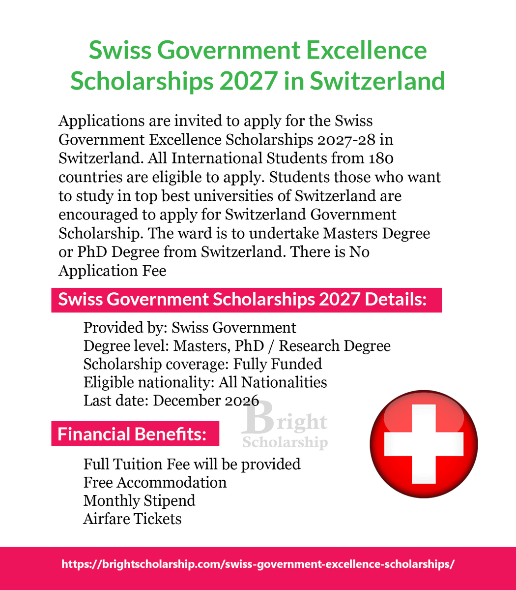 BrightSship's tweet photo. Swiss Government Excellence Scholarships 2027-28 in Switzerland (Fully Funded)

Degree level: Masters, PhD
Eligible nationality: All Nationalities
Last date: December 2026

Apply Link: https://t.co/Ohb1QICKcV

#BrightScholarship #FullyFunded #Scholarship #Switzerland #Students https://t.co/Biqon2eqD9