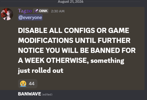 Tagzombi's tweet photo. TURN OFF ALL YOUR MODS AND CONFIGS AS OF RIGHT NOW THEY JUST PUSHED SOMETHING OUT SERVER SIDE I BELIEVE AND A HUGE BANWAVE HAS BEGUN #marvelrivals #marvelrivalsconfig https://t.co/v6BfhgNduk