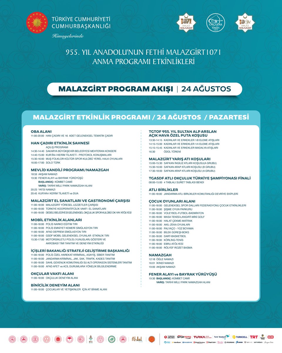 TCMusValiligi's tweet photo. 📌 Malazgirt Etkinlik Programı

955. Yıl Anadolu'nun Fethi #Malazgirt 1071 Anma Etkinlikleri Başlıyor!

✔️Ok atmaya 🏹
✔️Güreş tutmaya 🤼‍♂️
✔️At binmeye 🏇🏻
✔️Çocuk oyunlarına🏃‍♀️
✔️Fener alayına🔥
BEKLİYORUZ!

#MalazgirtZaferi🇹🇷
#1071Malazgirt
@tcbestepe @TC_icisleri @Valiavnicakir

 📍 Malazgirt Meydan Muharebesi Tarihi Milli Parkı | Muş