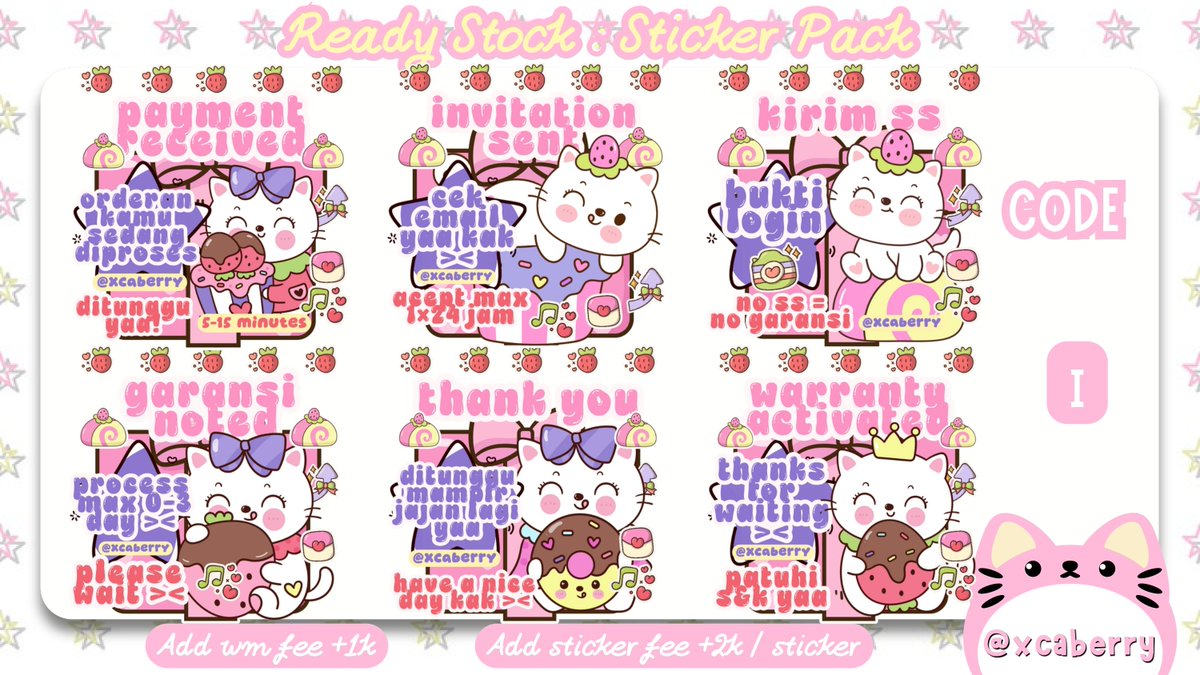 xcaberry's tweet photo. any repost would be appreciated 🍒

haloooo teman-teman (˶˃ ᵕ ˂˶) aku ada 4 READY STOCK STICKER PACK BA 🐈 yang bisa kalian jemput dengan price 15.000 / pack 🎁

♡ free retext
♡ add sticker +2k / sticker
♡ add wm + 1k 
♡ file png &amp; sticker  

cek alt #bealanja https://t.co/Mk8BnQgsw6