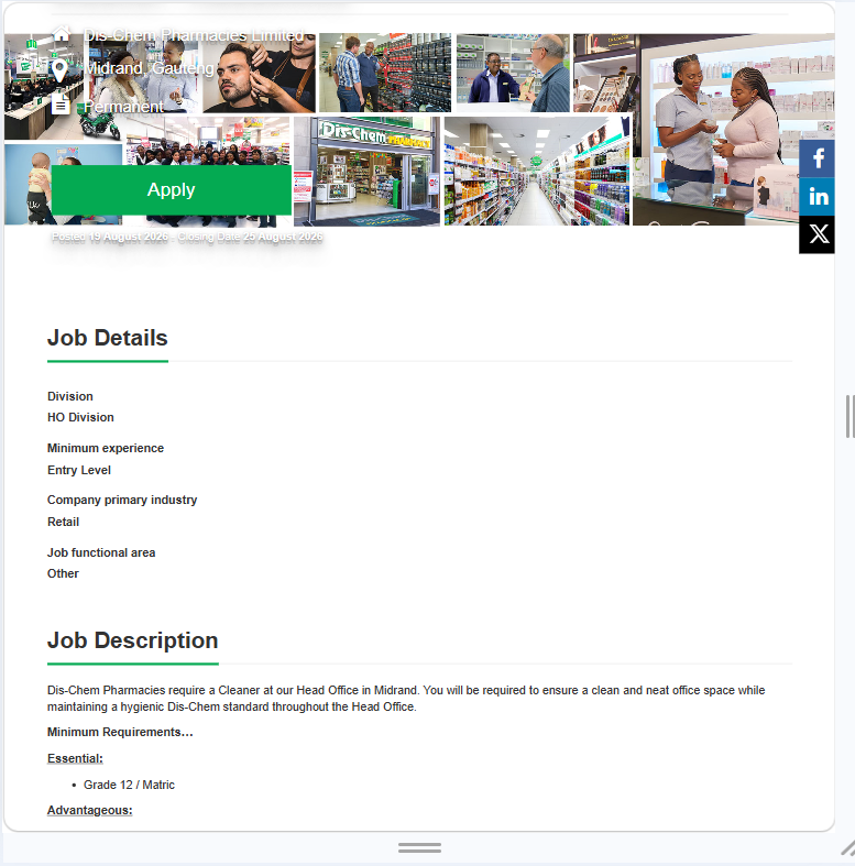 job83w's tweet photo. 📌 CLEANER – HEAD OFFICE

Location: Midrand, Gauteng
Employment Type: Permanent
Salary: Market Related
Min Requirements:
• Grade 12 / Matric
• Good cleaning and hygiene skills
• Able to communicate in English
• Trustworthy, honest and detail-oriented
• Good time management
• Able to work under pressure
• Clear criminal and credit record
• Driver’s licence and reliable transport
Closing Date: 25 August 2026

Note: Visit Their Official Site To Apply
Full Details: https://t.co/sBB5supobn