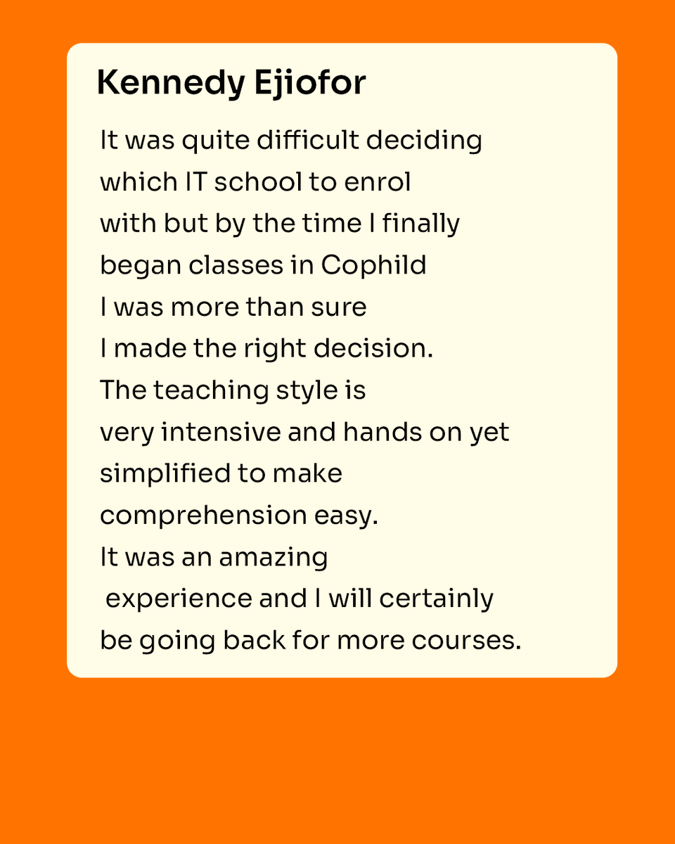 Cophild's tweet photo. Clients and students shared their experience. You want to share yours too.
Send us a DM to get started.
1/3
#cophild #peasronvuetestcentre #techacademy #techschoolinlagos https://t.co/51evReAESC