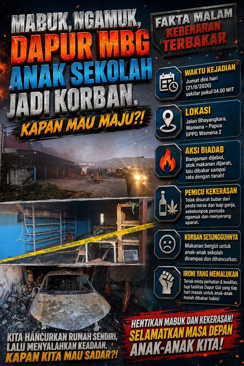 mambo3125's tweet photo. MABUK, NGAMUK, DAPUR MBG ANAK SEKOLAH JADI KORBAN. Kapan Mau Maju?!

Jumat dini hari (21/8/2026), Jalan Bhayangkara, Wamena jadi saksi tontonan kebodohan massal. Dapur Gizi Anak Sekolah (SPPG Wamena 2) ludes dibakar dan dijarah oleh sekelompok pemuda. https://t.co/VInzQndGDD