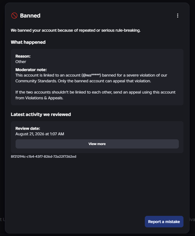 littlelilyzzzz's tweet photo. #Roblox #RobloxAppeal #RobloxBan
@Roblox 
???? WTF 
While I was playing Nullscape my account randomly got deleted for association with an account I dont even know of.
I have no accounts that start with wa and it does not reveal the full name of the account so I cant look at it https://t.co/4gqssybPj8