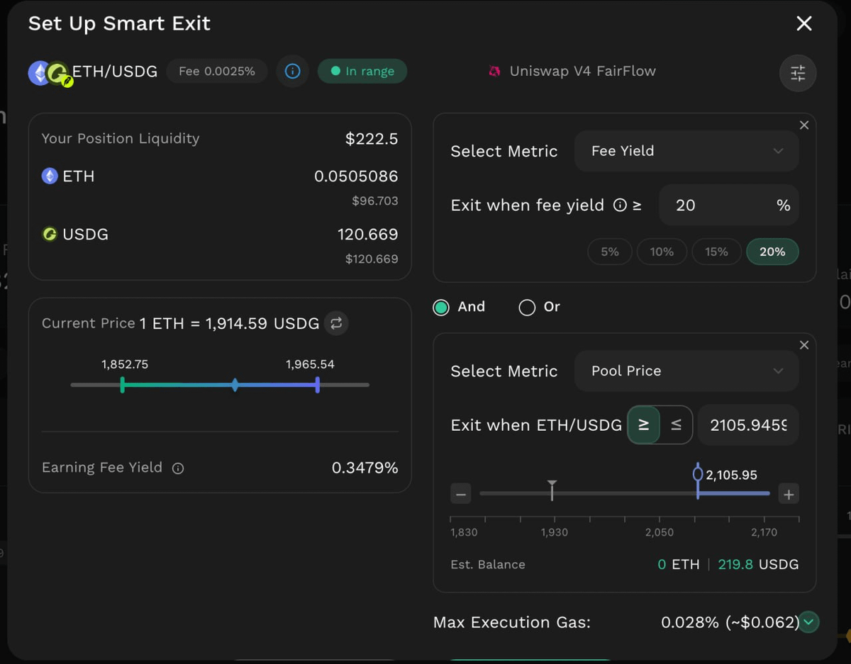 Tom_Degen68's tweet photo. - @KyberNetwork Smart Exit is live on Robinhood Chain. If you're farming, this is worth turning on.

You can now set automatic exit conditions based on:
• Target Price
• Yield
• Time

You can combine conditions using:
• AND → all conditions must be true
• OR → any one condition can trigger the exit

No more constant monitoring. Just set your rules once and let it do the job. Especially useful if you're running FairFlow positions and want to lock in fees or cut IL without babysitting the chart.

Kyber also supports Smart Exit on Ethereum, Monad, Optimism and Arbitrum.