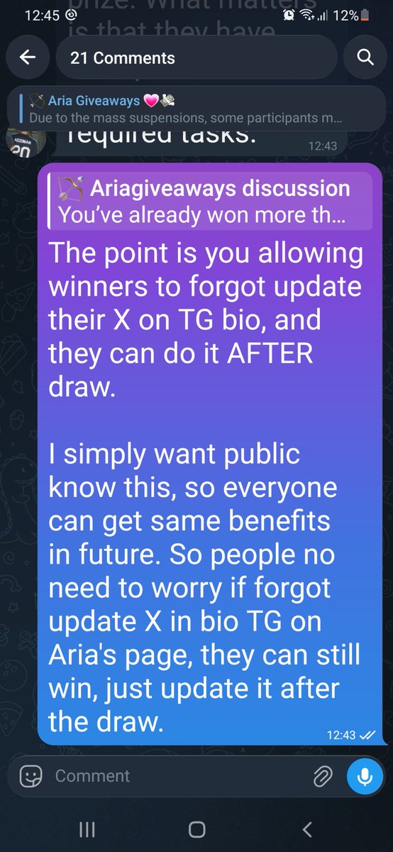 logindollar's tweet photo. What happened on TG Aria and ended the Host ban me.

I am ok the host refused to reroll.
My focus is, the host must state it on public, it's ok winners forgot update the X on bio TG, and can do it AFTER DRAW. So everyone can get that benefits in future.

@Lyra__eth  @ariasce1530 https://t.co/Wl3oTegG8V