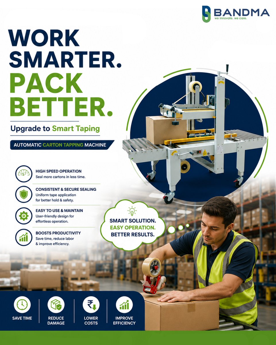 bandma_india's tweet photo. Smart packaging starts with smarter processes.
The Automatic Carton Taping Machine delivers fast, consistent, and secure carton sealing, helping you save time, reduce damage, lower costs and improve overall efficiency.
.
.
.
#AutomaticTapingMachine #CartonTaping #Bandma https://t.co/RFQMUiOGQ5