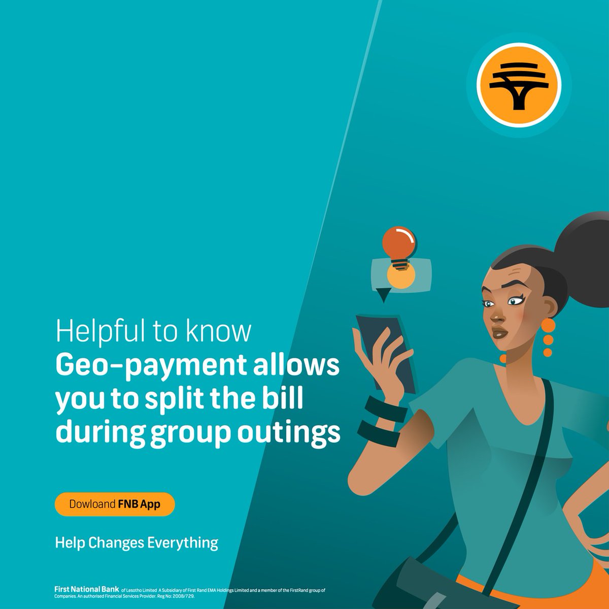 FNBLesotho's tweet photo. No more "I'll pay you later".
Split the bill instantly with FNB Geo-Payment on the FNB App and avoid the cash scramble when you're out with friends.
Simply follow these steps:
1. Log In on your FNB App
2. Select 'Pay'
3. Select 'Pay' again
4. Select 'Geo payments'
#FNBApp
#BankingMadeEasy
#HelpChangesEverything