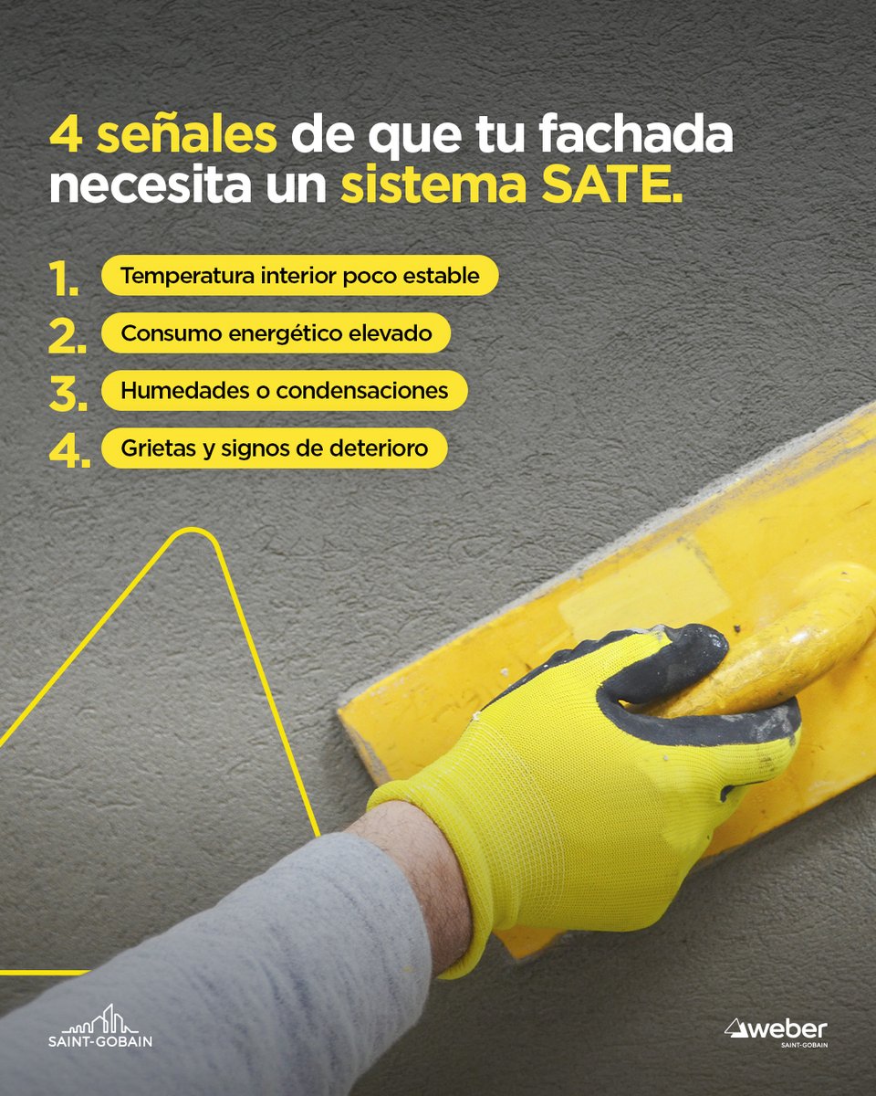 SGweberES's tweet photo. 🌡️ Cambios de temperatura, consumo elevado, humedades o deterioro pueden indicar que la fachada necesita un SATE.

webertherm ETICS crea una envolvente aislante continua para mejorar el confort, reducir puentes térmicos y renovar la fachada.

#MakingTheWorldABetterHome https://t.co/G0ZXcI8clW