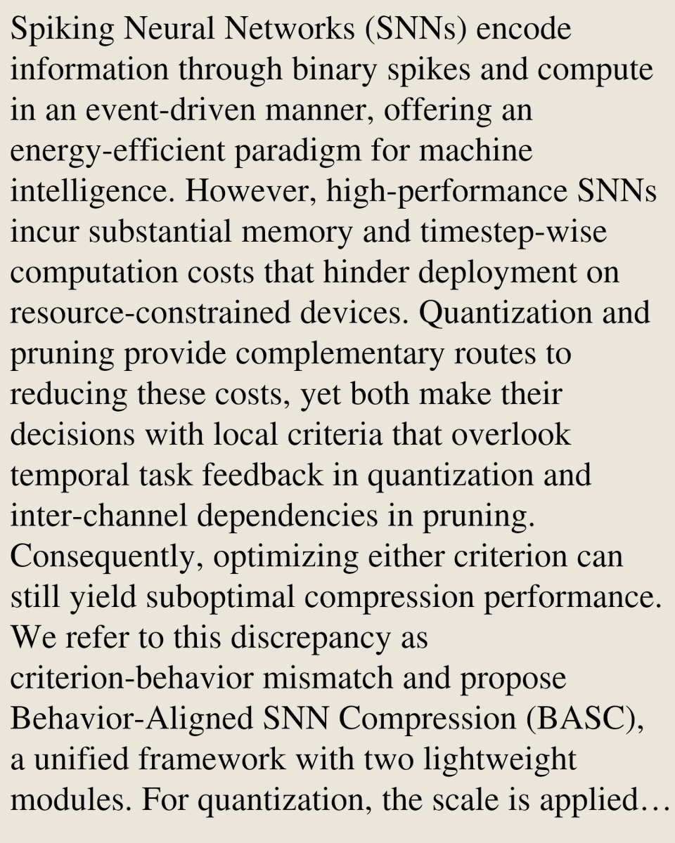 TAL's tweet photo. BASC: Behavior-Aligned Quantization and Pruning for Low-Bit Spiking Neural Networks

Linliang Chen, Yan Zhong, Xin Liu, Sai Li, Wang Kang
https://t.co/L7MXKH1PYC [𝚌𝚜.𝙽𝙴] https://t.co/lgckjF0qyG
