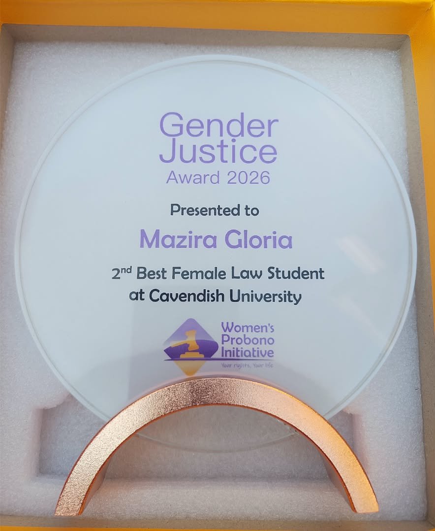 WomenProbono's tweet photo. We were honored to present the Gender Justice Award to Mazira Gloria, the second-best female law student at the 15th Graduation Ceremony of Cavendish University Uganda.

This award reflects WPI’s commitment to empowering young women to become future champions of gender justice in the legal profession.

Congratulations to the @CavendishUg Class of 2026!  We celebrate your achievement and look forward to the positive change you will drive in our communities.

#GenderJustice #CUU15thGraduation