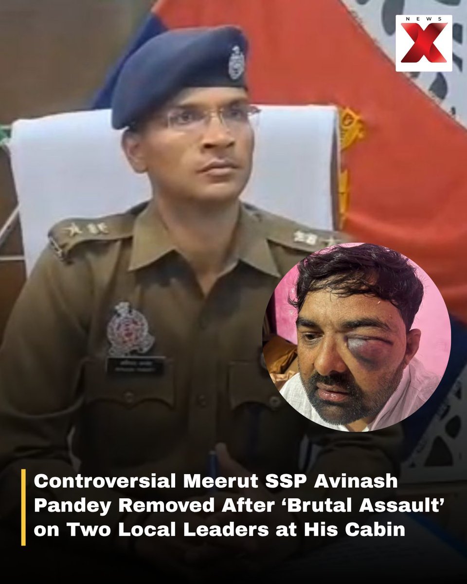 NewsX's tweet photo. Meerut SSP Avinash Pandey was attached to Lucknow headquarters amid allegations of custodial assault by farmer leader Digvijay Bhati and Mohit Jatav.

More ▶️ https://t.co/EnH9J1j4GO

#Meerut #SSP #Lucknow #IndiaNews #AvinashPandey https://t.co/YmWabg1TjX