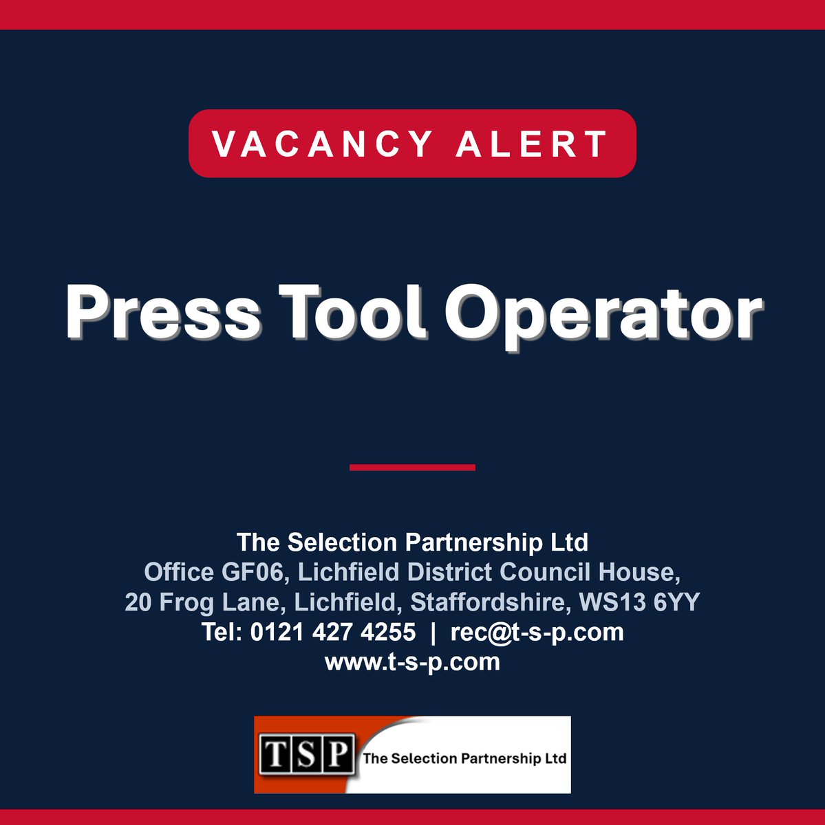 TSPRecruitment's tweet photo. 📌 Press Tool Operator 📍 Gloucester 💷 £13.42ph 💼 Perm, full-time 🕒 Double Days or Perm Nights
Operating high-speed precision stamping presses.
🔗 https://t.co/1wnneHTQqh
📧 Scott Thompson | st@tsponline.co.uk
#PressOperator #ManufacturingJobs #GloucesterJobs #HiringNow https://t.co/oxwRDk8B9c