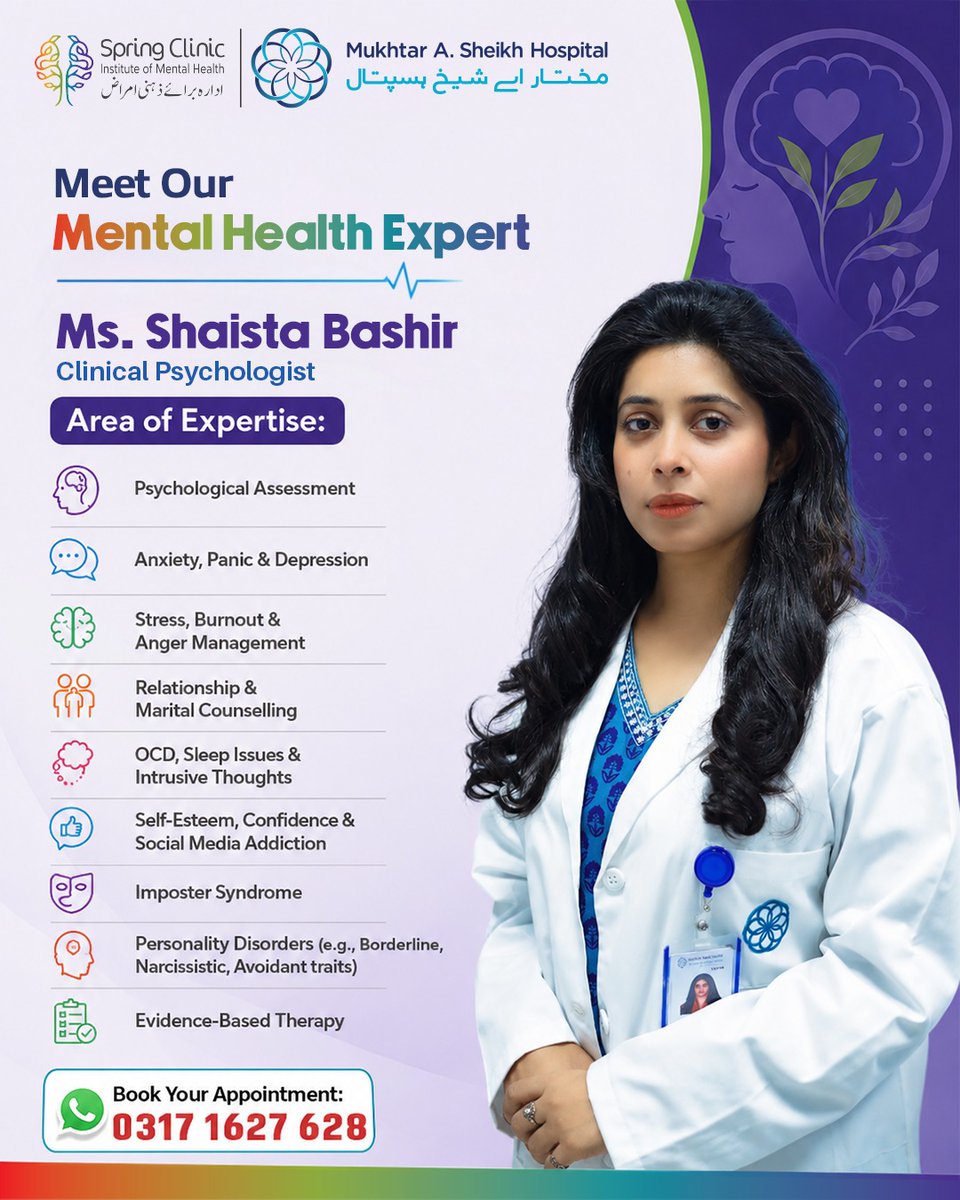 mashospitalx's tweet photo. Meet Ms. Shaista Bashir, Clinical Psychologist at Spring Clinic, MASH.
With expertise in psychological assessment &amp; evidence-based therapy, she provides support for a range of mental health concerns.
To book an appointment, contact 0317 1627 628.

#SpringClinic #MASHCares https://t.co/jU4PkbRDgI