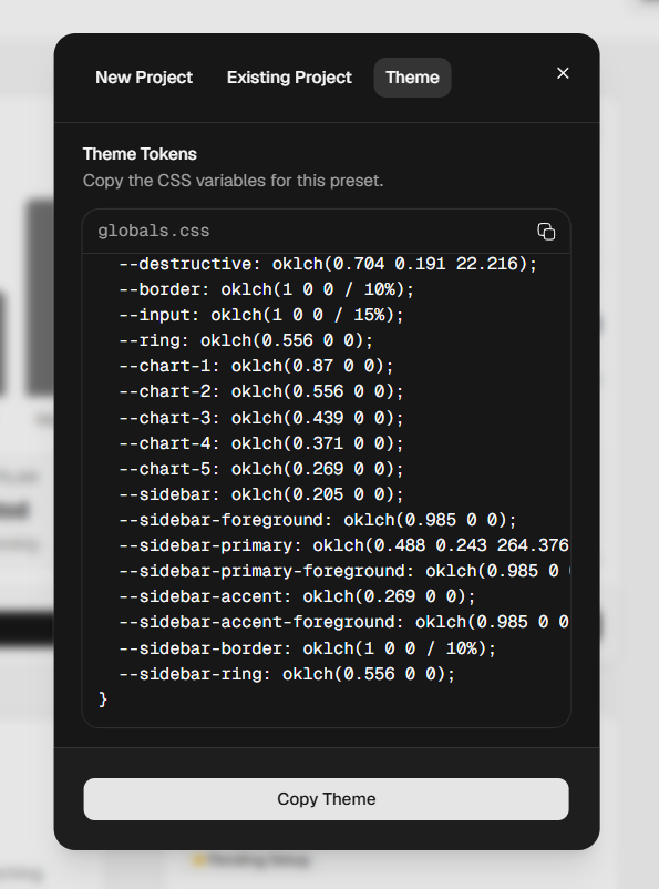 souhail_dev's tweet photo. @shadcn 

How can I get the full theme file and not only :root?

html {}
body {}
* {} https://t.co/mKYQgH7Oxs