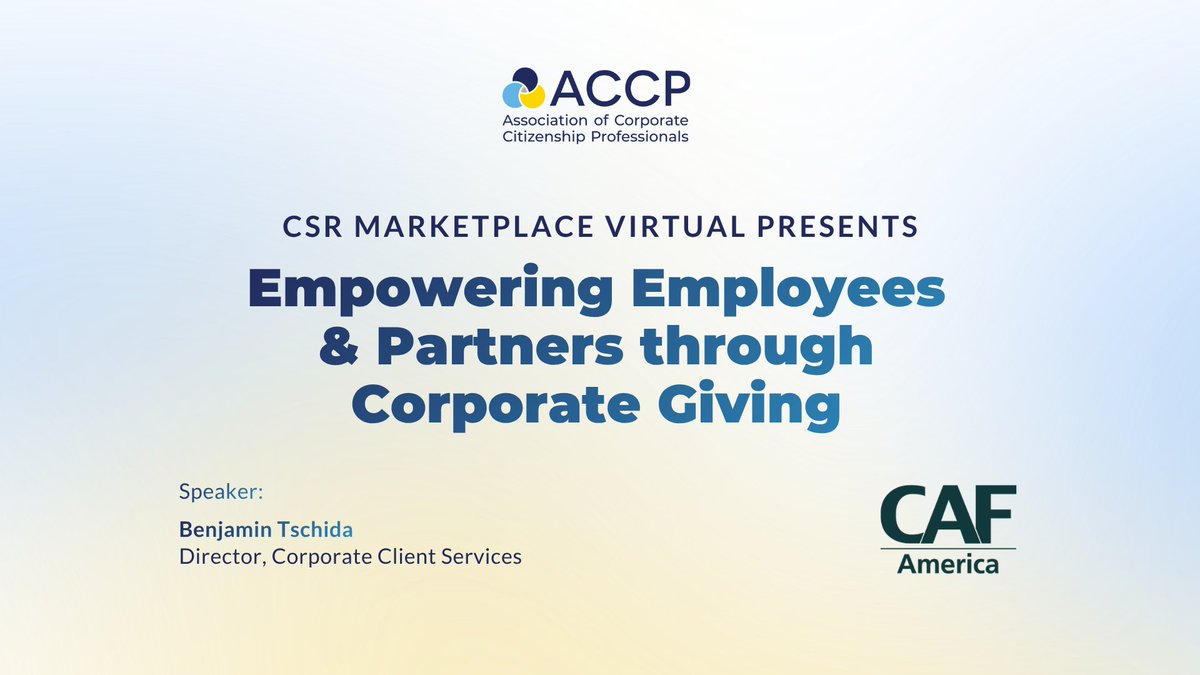 accprof's tweet photo. From our CSR Marketplace Virtual series: Benjamin Tschida (Director, Corporate Client Services) on designing grant programs that:

→ Turn employees into active stakeholders, not passive donors
→ Build nonprofit partners' strength for lasting impact

🎥 https://t.co/FY5rW6okLX https://t.co/wD27ypDWnh