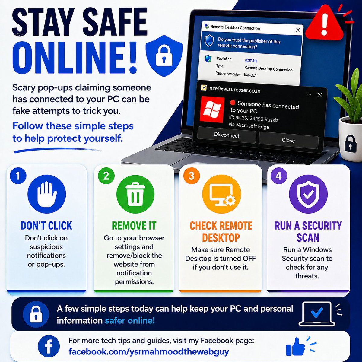YMTWG's tweet photo. 💻 Scary pop-ups saying someone has connected to your PC? Don’t panic! 🚨 I’ve shared some simple steps to help you stay safer online, including removing suspicious notifications and checking Remote Desktop. 🔒
Find more tech tips on my Facebook page: https://t.co/AJXEIwcC1W https://t.co/Z4WyceNWxV