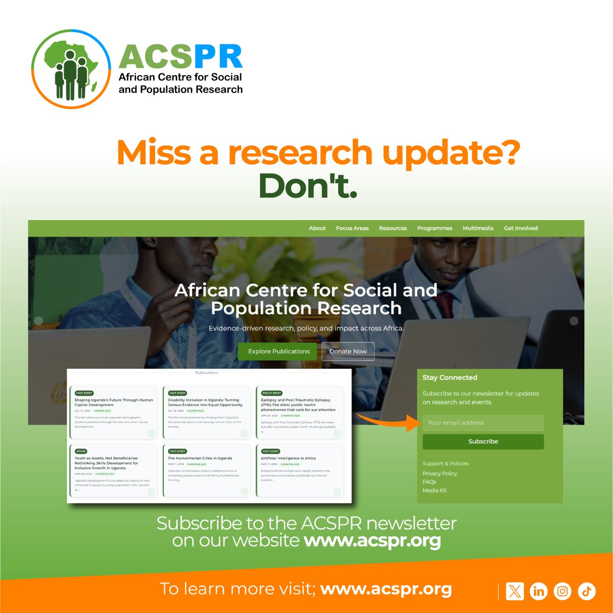 acspr2025's tweet photo. 📬 Stay Connected with ACSPR

Don’t miss the latest research updates, publications, policy insights, webinar announcements, and opportunities from the African Centre for Social and Population Research.

Subscribe to the ACSPR newsletter and stay informed on evidence shaping Africa’s development conversations.

🔗 Subscribe here: https://t.co/A0kMHvQlkv

#ACSPR #ResearchUpdates #Newsletter #EvidenceForImpact #PopulationResearch #PolicyResearch #AfricaDevelopment #StayConnected