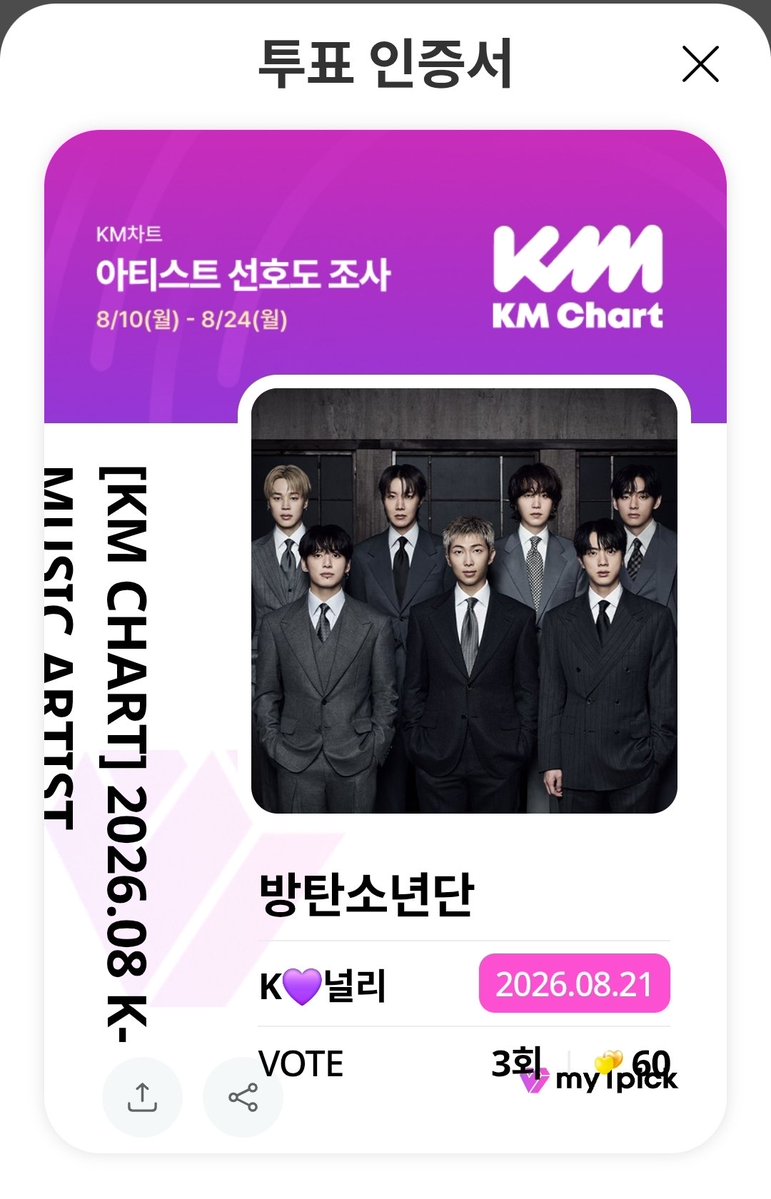 heon2037's tweet photo. 함께 투표해요. 🙏🥰

2026년
<8월/21일>
🍀 진 #뷔 #BTS
[MY1PICK] KM차트 [KM CHART] 2026.08 HOT CHOICE(M)
🗓 2026-08-10 ~ 2026-08-24

🗳 지금 마이원픽에서 투표하세요!
https://t.co/O9IS5VakM5
#마이원픽 #MY1PICK

💜 SWIM #BTS
[MY1PICK] KM차트 [KM CHART] 2026.08 K-MUSIC
🗓 2026-08-10 ~ 2026-08-24

🗳 지금 마이원픽에서 투표하세요!
https://t.co/vssUarrCbz
#마이원픽 #MY1PICK

💜 방탄소년단 #BTS
[MY1PICK] KM차트 [KM CHART] 2026.08 K-MUSIC Artist
🗓 2026-08-10 ~ 2026-08-24

🗳 지금 마이원픽에서 투표하세요!
https://t.co/XfQZ9tXGDK
#마이원픽 #MY1PICK