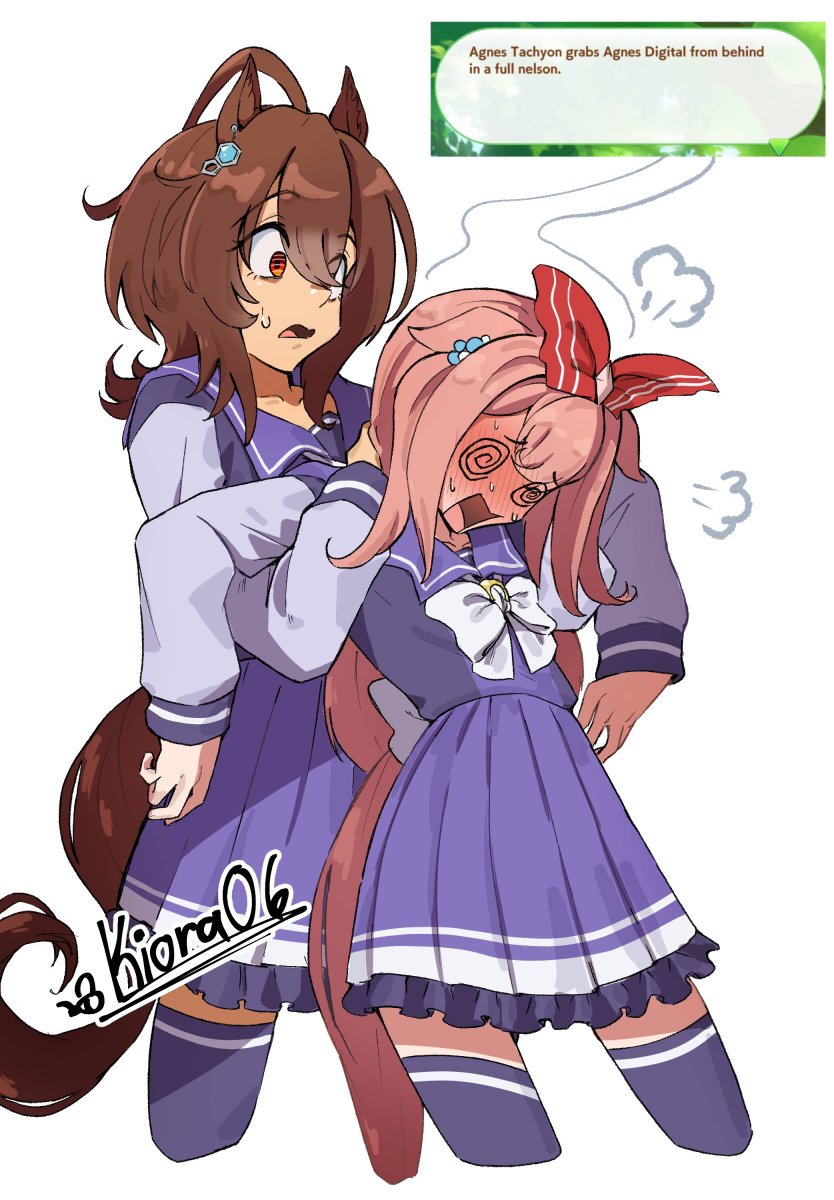 Kiora06's tweet photo. "Agnes Tachyon grabs Agnes Digital from behind in a full nelson". https://t.co/io0aw21HBJ