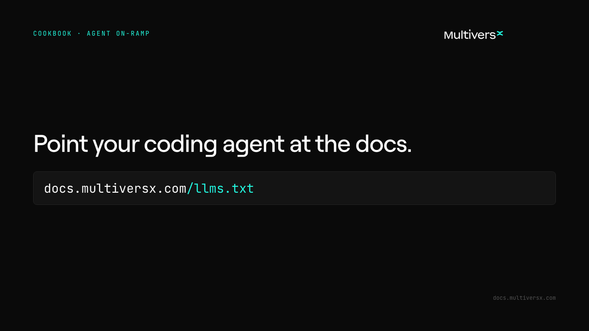 CodeMultiversX's tweet photo. Cooking is for agents, too.

Cookbook recipes carry an inline tag, [difficulty, build checked] or [difficulty, reference], so an agent can tell a complete project from a focused reference without opening the page.

llms-full.txt contains the same set for one-shot ingestion. https://t.co/4Zurb0PEM3