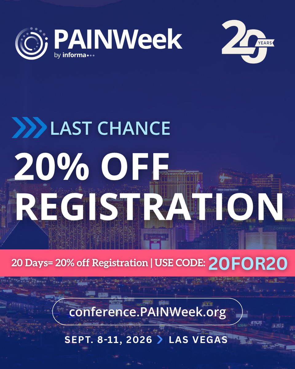 PAINWeek's tweet photo. ⏰ LAST CHANCE! ⏰

Our 20% OFF registration offer ends TONIGHT at 11:59 PM PST!

🚨Use code 20FOR20 and secure your spot at PAINWeek 2026 before it's too late!

Don't miss out — register NOW! 👉🎟️

https://t.co/KDshMUoPEo https://t.co/XTGJd1YInK