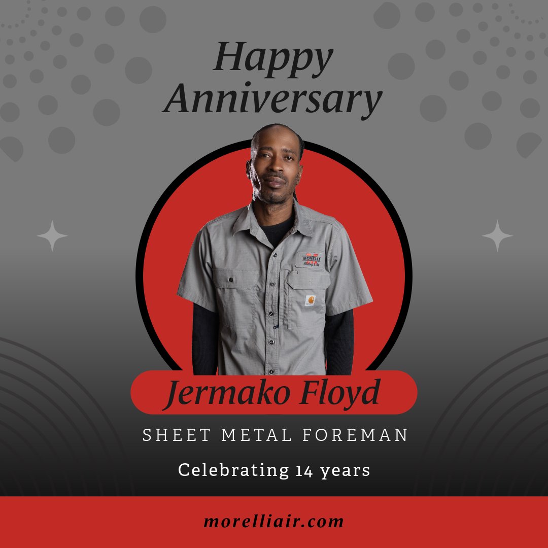 Morelli_HVAC's tweet photo. Happy Work Anniversary, Jermako!
Celebrating 14 years with Morelli Heating & Air Conditioning! Thank you, Jermako, for your hard work and dedication as our Sheet Metal Foreman. 👏
Here’s to many more! 🥳
#MorelliHVAC #WorkAnniversary #TeamMorelli https://t.co/CK5mPpQ1rO
